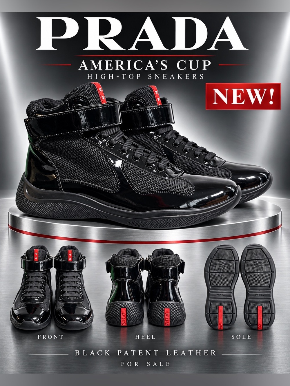 PRADA America's Cup high-top sneakers in black patent leather🔥New!